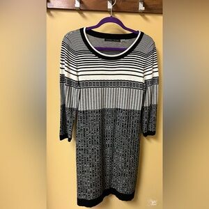 Ivanka Trump Black & White Geometric Pattern Sweater Dress with 3/4 Sleeves